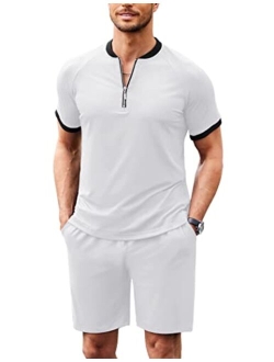 Men's 2 Pieces Outfits Cotton Quarter Zip T Shirt and Shorts Set Casual Athletic Suit Summer Tracksuits