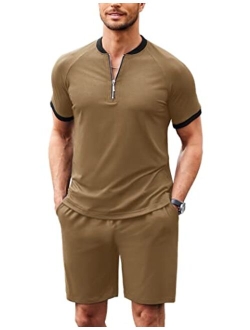 Men's 2 Pieces Outfits Cotton Quarter Zip T Shirt and Shorts Set Casual Athletic Suit Summer Tracksuits