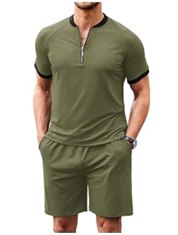 Men's 2 Pieces Outfits Cotton Quarter Zip T Shirt and Shorts Set Casual Athletic Suit Summer Tracksuits