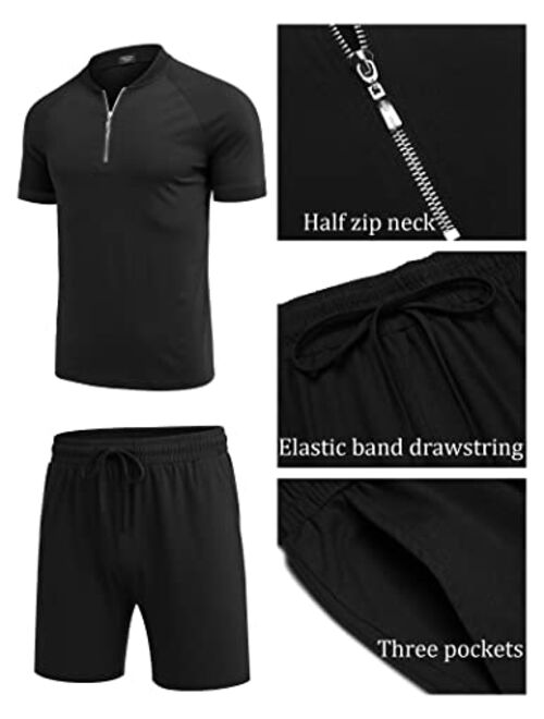 COOFANDY Men's 2 Pieces Outfits Cotton Quarter Zip T Shirt and Shorts Set Casual Athletic Suit Summer Tracksuits