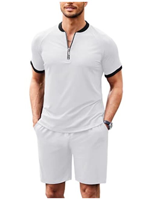 COOFANDY Men's 2 Pieces Outfits Cotton Quarter Zip T Shirt and Shorts Set Casual Athletic Suit Summer Tracksuits