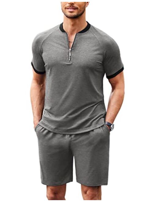 COOFANDY Men's 2 Pieces Outfits Cotton Quarter Zip T Shirt and Shorts Set Casual Athletic Suit Summer Tracksuits