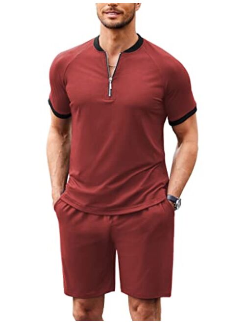 COOFANDY Men's 2 Pieces Outfits Cotton Quarter Zip T Shirt and Shorts Set Casual Athletic Suit Summer Tracksuits