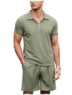 Men 2 Piece Polo Shirt and Short Outfit Set Quarter Zip Summer Casual Tracksuit