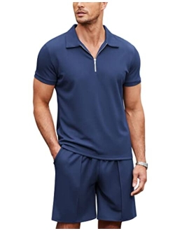 Men 2 Piece Polo Shirt and Short Outfit Set Quarter Zip Summer Casual Tracksuit