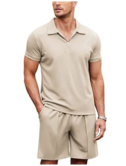 Men 2 Piece Polo Shirt and Short Outfit Set Quarter Zip Summer Casual Tracksuit