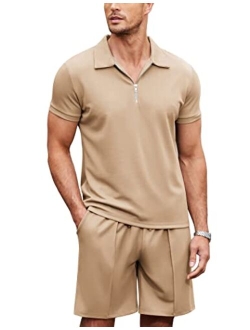 Men 2 Piece Polo Shirt and Short Outfit Set Quarter Zip Summer Casual Tracksuit