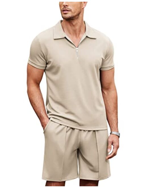 COOFANDY Men 2 Piece Polo Shirt and Short Outfit Set Quarter Zip Summer Casual Tracksuit