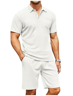 Men's Waffle Knit Polo Shirt and Shorts Set 2 Pieces Outfits Summer Suit Casual Tracksuit with Pockets