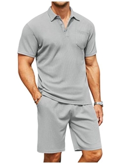 Men's Waffle Knit Polo Shirt and Shorts Set 2 Pieces Outfits Summer Suit Casual Tracksuit with Pockets