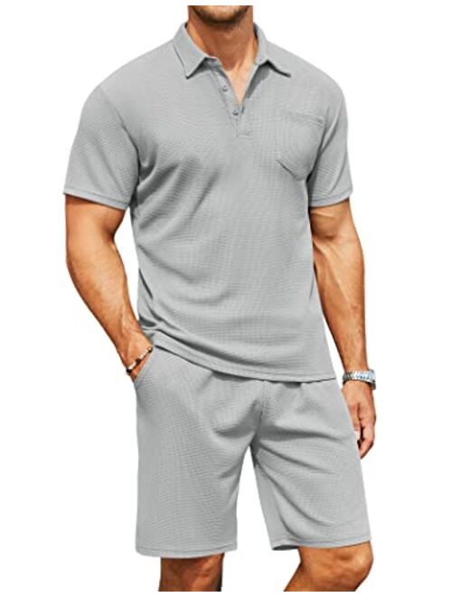 COOFANDY Men's Waffle Knit Polo Shirt and Shorts Set 2 Pieces Outfits Summer Suit Casual Tracksuit with Pockets