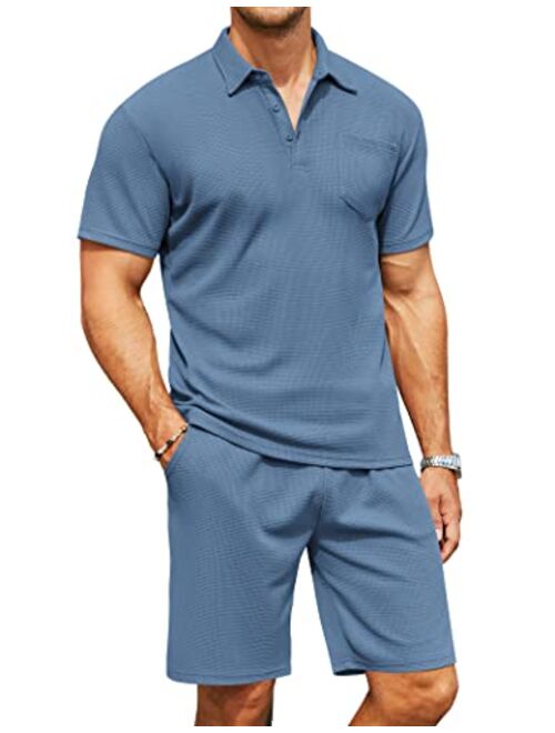 COOFANDY Men's Waffle Knit Polo Shirt and Shorts Set 2 Pieces Outfits Summer Suit Casual Tracksuit with Pockets