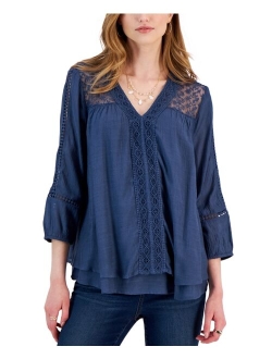 STYLE & CO Women's 3/4-Sleeve Embroidered Lace Top, Created for Macy's