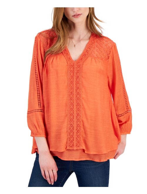 STYLE & CO Women's 3/4-Sleeve Embroidered Lace Top, Created for Macy's