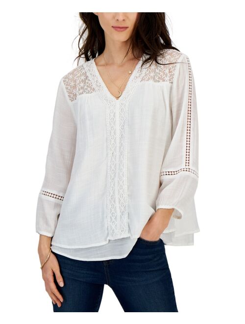 STYLE & CO Women's 3/4-Sleeve Embroidered Lace Top, Created for Macy's