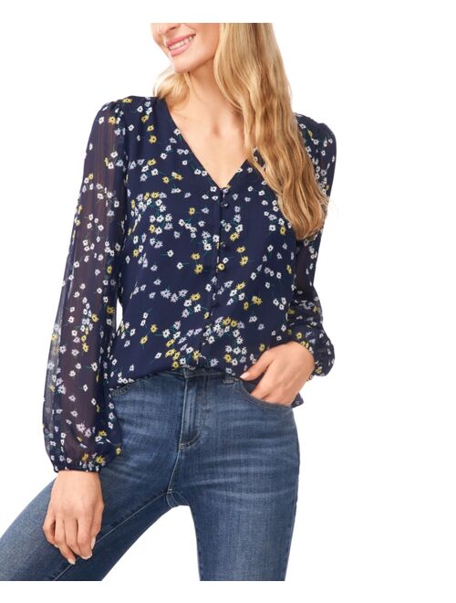 CECE Women's Floral-Print V-Neck Button-Front Blouse