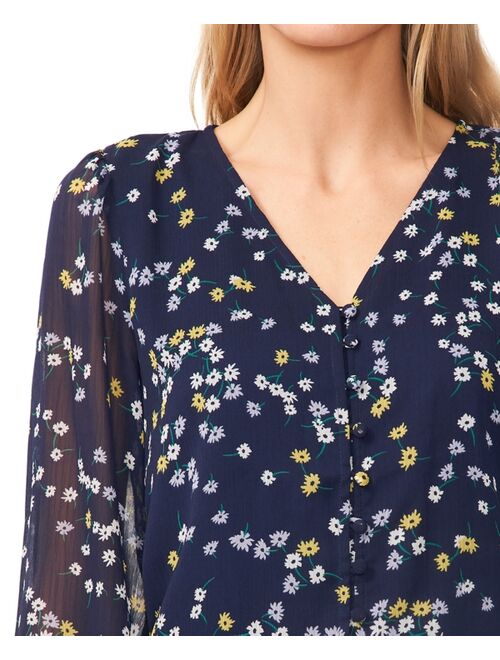 CECE Women's Floral-Print V-Neck Button-Front Blouse