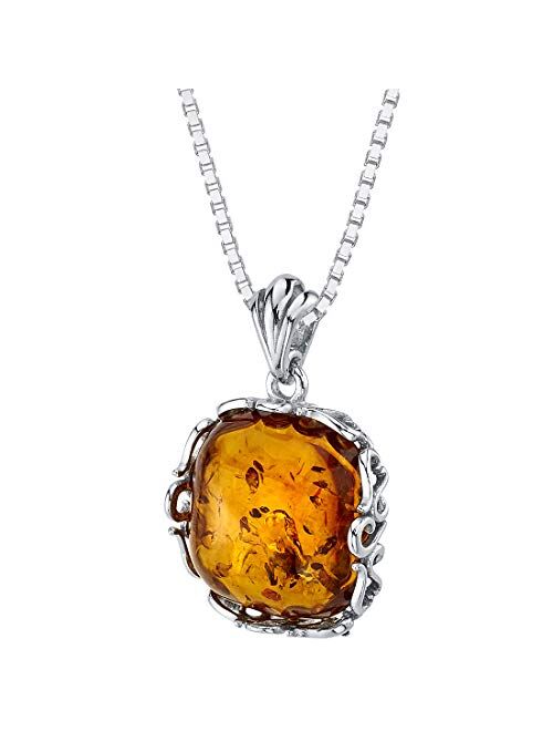 Peora Genuine Baltic Amber Cushion Cut Pendant Necklace for Women 925 Sterling Silver, Rich Cognac Color, Designer Scroll Gallery with 18 inch Chain