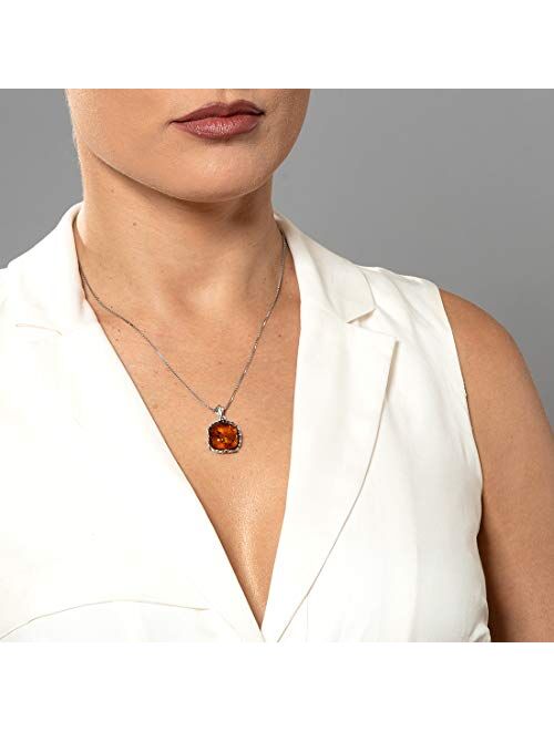 Peora Genuine Baltic Amber Cushion Cut Pendant Necklace for Women 925 Sterling Silver, Rich Cognac Color, Designer Scroll Gallery with 18 inch Chain