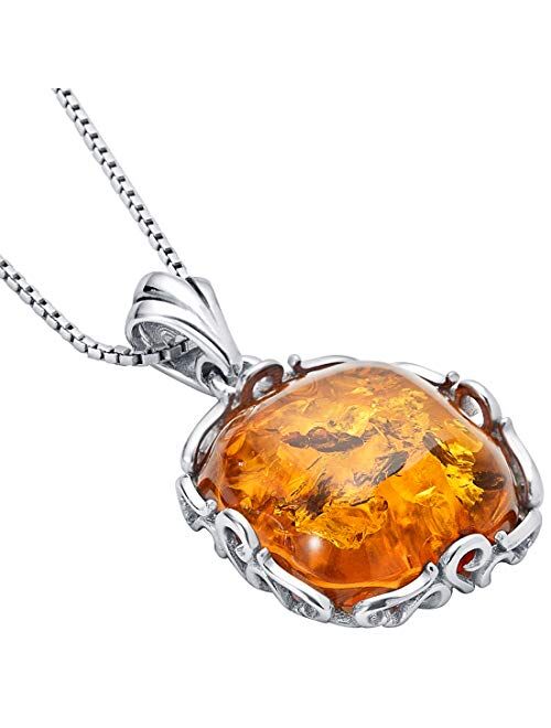 Peora Genuine Baltic Amber Cushion Cut Pendant Necklace for Women 925 Sterling Silver, Rich Cognac Color, Designer Scroll Gallery with 18 inch Chain