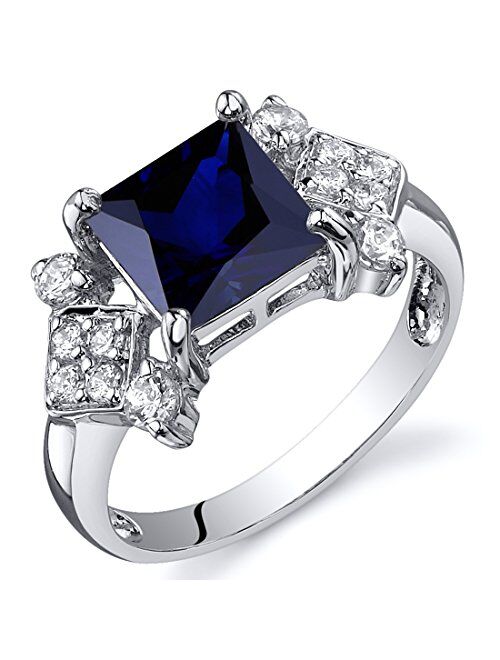 Peora Created Blue Sapphire Ring for Women in Sterling Silver, Vintage Style Design, Princess Cut 2.50 Carats total, Comfort Fit, Sizes 5 to 9