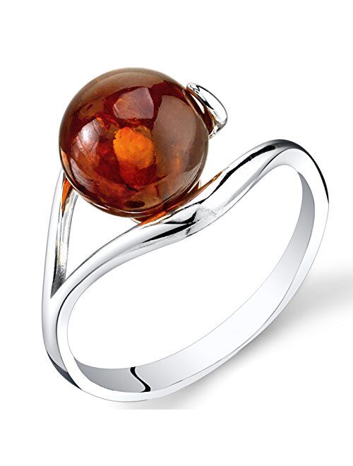 Peora Genuine Baltic Amber Round Solitaire Ring for Women 925 Sterling Silver, Rich Cognac Color, Sizes 5 to 9