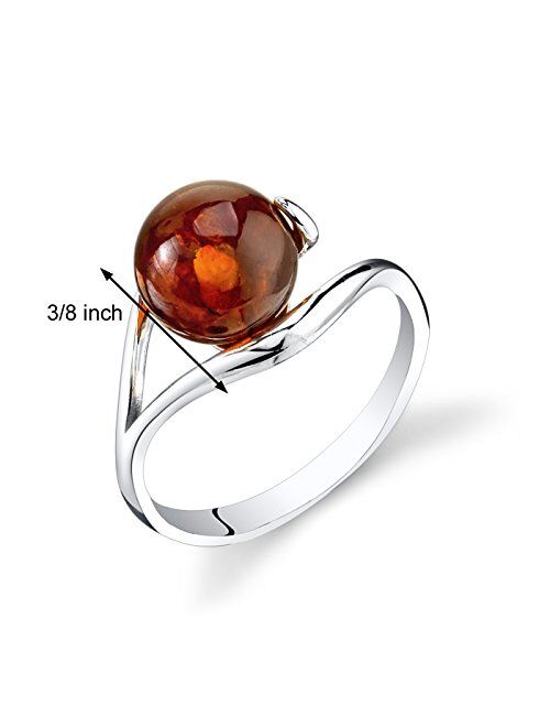 Peora Genuine Baltic Amber Round Solitaire Ring for Women 925 Sterling Silver, Rich Cognac Color, Sizes 5 to 9