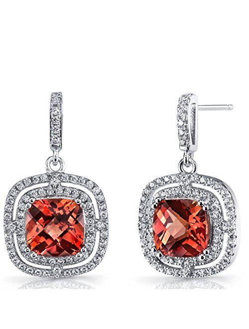 Peora Created Padparadscha Sapphire Earrings in Sterling Silver, Designer Dangle Drops, 6 Carats total, Cushion Cut, 8mm, Double Halo