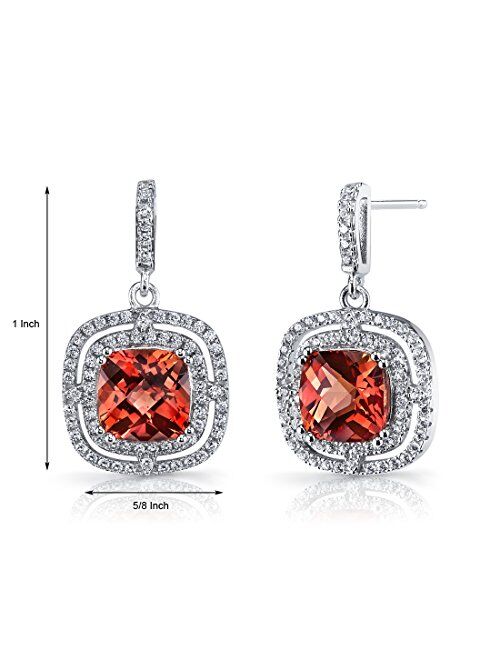 Peora Created Padparadscha Sapphire Earrings in Sterling Silver, Designer Dangle Drops, 6 Carats total, Cushion Cut, 8mm, Double Halo