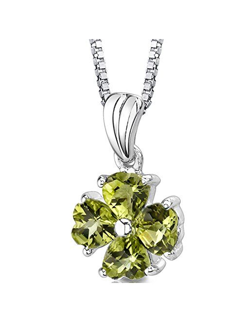 Peora Peridot 4-Leaf Clover Lucky Shamrock Pendant Necklace for Women 925 Sterling Silver, Natural Gemstone, 2 Carats Heart Shape, with 18 inch Chain