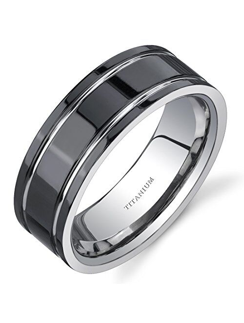 Peora Men's Genuine Black Titanium Classic Wedding Ring Band, 8mm, Comfort Fit, Sizes 8 to 13