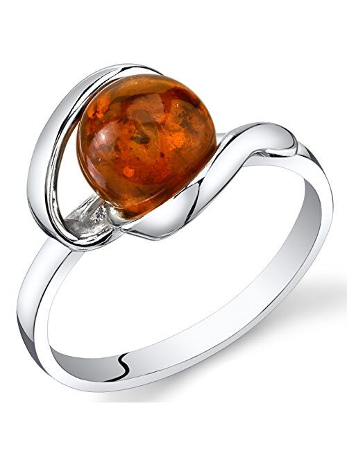 Peora Genuine Baltic Amber Ring for Women in Sterling Silver, Rich Cognac Color, Designer Open Spiral Solitaire, Comfort Fit, Sizes 5 to 9