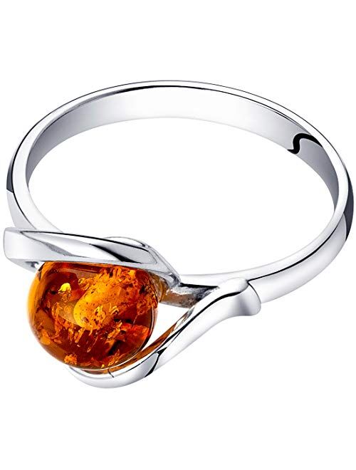 Peora Genuine Baltic Amber Ring for Women in Sterling Silver, Rich Cognac Color, Designer Open Spiral Solitaire, Comfort Fit, Sizes 5 to 9