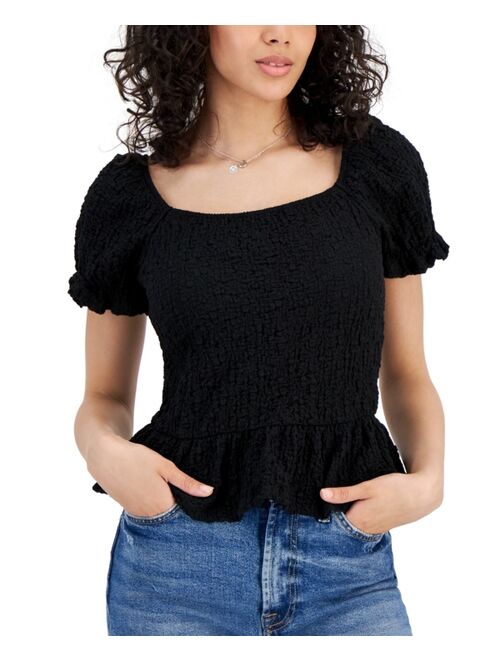 ALMOST FAMOUS Crave Fame Juniors' Short-Sleeve Ruffle-Hem Smocked Top