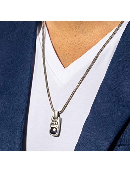 Peora Created Blue Sapphire Tag Pendant Necklace for Men in Sterling Silver, 4.50 Carats Cushion Cut, Brushed Finished, with 22-Inch Italian Chain