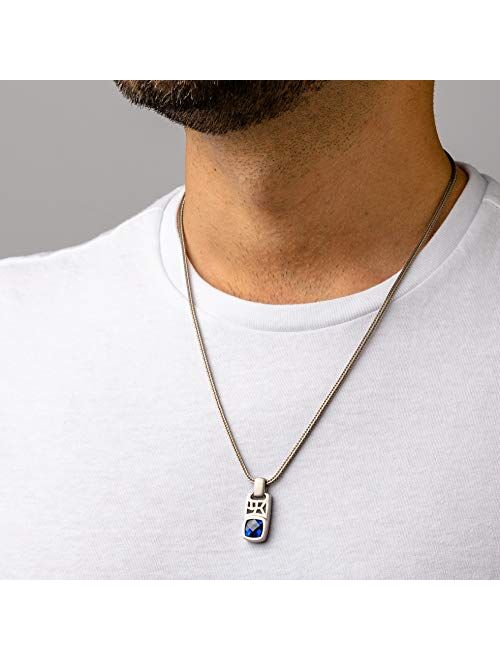 Peora Created Blue Sapphire Tag Pendant Necklace for Men in Sterling Silver, 4.50 Carats Cushion Cut, Brushed Finished, with 22-Inch Italian Chain