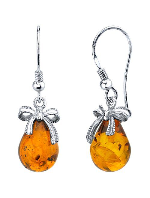 Peora Genuine Baltic Amber Drop Earrings for Women in Sterling Silver, Rich Cognac Color, Dainty Bow Accent, Fish Hook