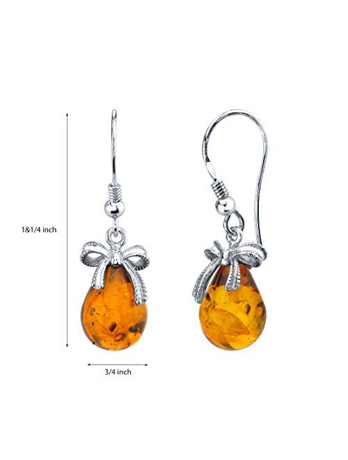 Peora Genuine Baltic Amber Drop Earrings for Women in Sterling Silver, Rich Cognac Color, Dainty Bow Accent, Fish Hook