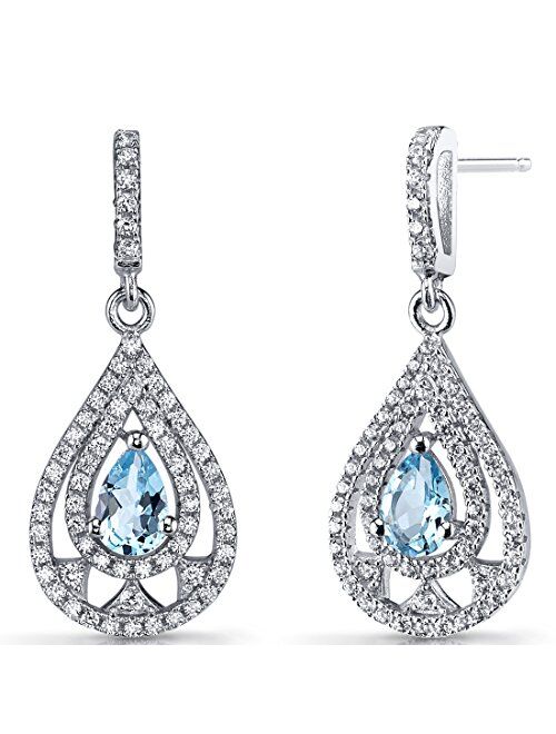 Peora Swiss Blue Topaz Halo Teardrop Dangle Earrings 925 Sterling Silver, Natural Gemstone Birthstone, 1 Carat total Pear Shape 6x4mm, Friction Backs