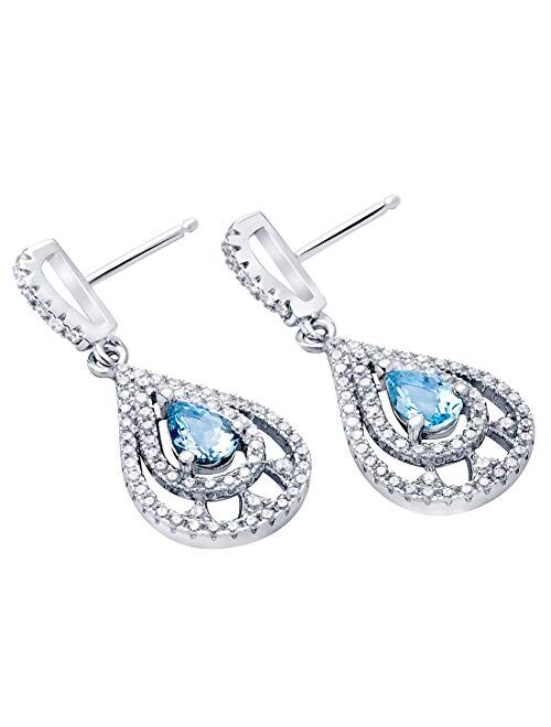 Peora Swiss Blue Topaz Halo Teardrop Dangle Earrings 925 Sterling Silver, Natural Gemstone Birthstone, 1 Carat total Pear Shape 6x4mm, Friction Backs