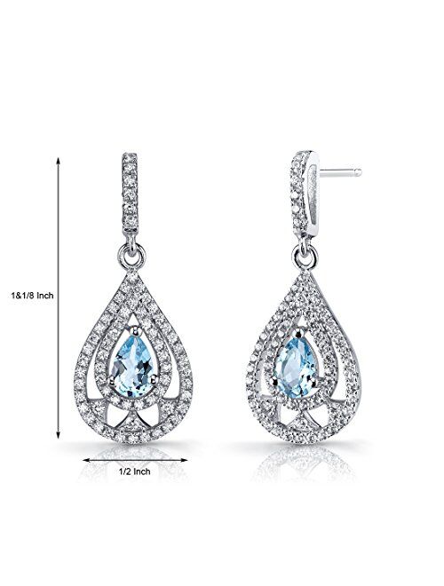 Peora Swiss Blue Topaz Halo Teardrop Dangle Earrings 925 Sterling Silver, Natural Gemstone Birthstone, 1 Carat total Pear Shape 6x4mm, Friction Backs