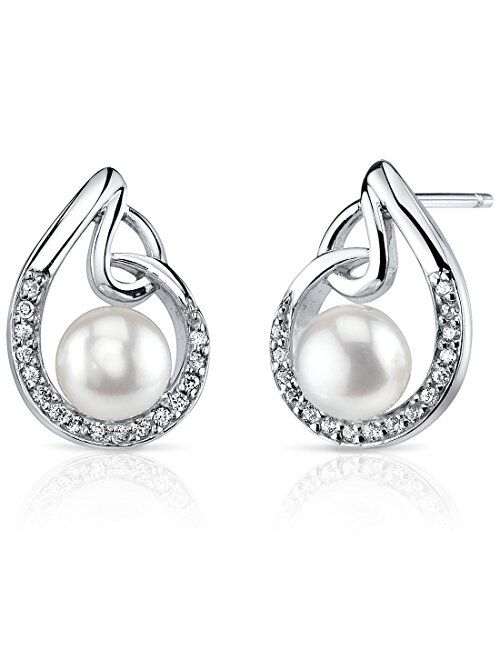 Peora Freshwater Cultured White Pearl Teardrop Knot Earrings in Sterling Silver, 6.50mm Round Button Shape, Friction Backs