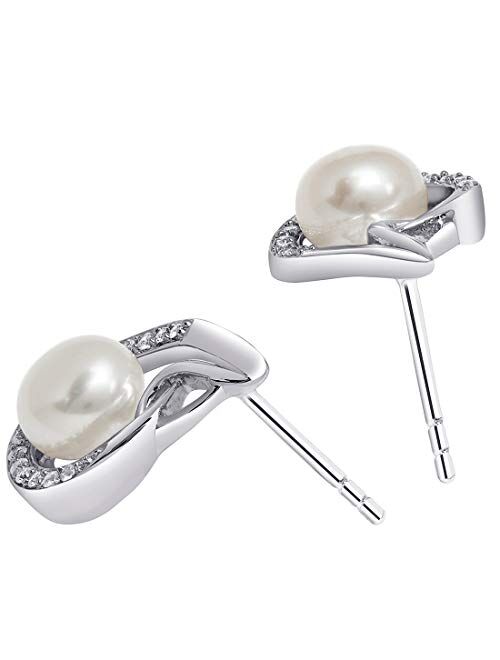 Peora Freshwater Cultured White Pearl Teardrop Knot Earrings in Sterling Silver, 6.50mm Round Button Shape, Friction Backs