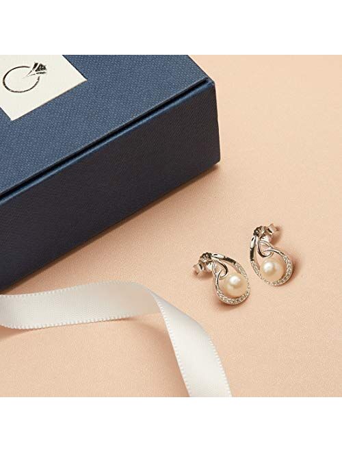 Peora Freshwater Cultured White Pearl Teardrop Knot Earrings in Sterling Silver, 6.50mm Round Button Shape, Friction Backs