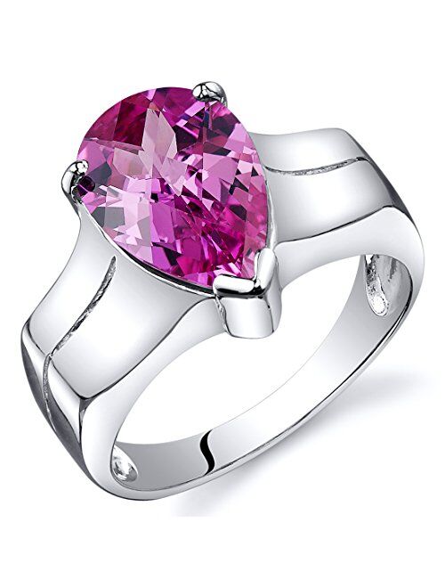 Peora Created Pink Sapphire Ring in Sterling Silver, Cathedral Solitaire Pear Shape, 3.75 Carats 12x8mm, Comfort Fit, Sizes 5 to 9