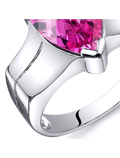 Peora Created Pink Sapphire Ring in Sterling Silver, Cathedral Solitaire Pear Shape, 3.75 Carats 12x8mm, Comfort Fit, Sizes 5 to 9