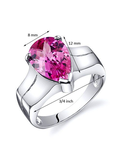 Peora Created Pink Sapphire Ring in Sterling Silver, Cathedral Solitaire Pear Shape, 3.75 Carats 12x8mm, Comfort Fit, Sizes 5 to 9