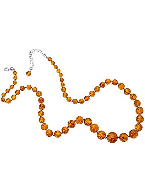 Peora Genuine Baltic Amber Graduated Strand Tennis Necklace for Women 925 Sterling Silver, Rich Cognac Color 5 to 12mm Beads, 19 inches length with 2.5 inch Extender