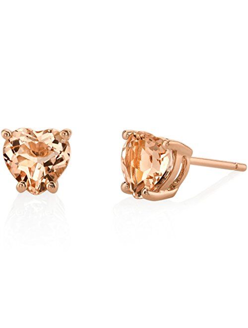 Peora Morganite Heart Stud Earrings for Women in 14 Karat Rose Gold, Classic Solitaire Studs, 6mm, 1.50 Carats total, Friction Back