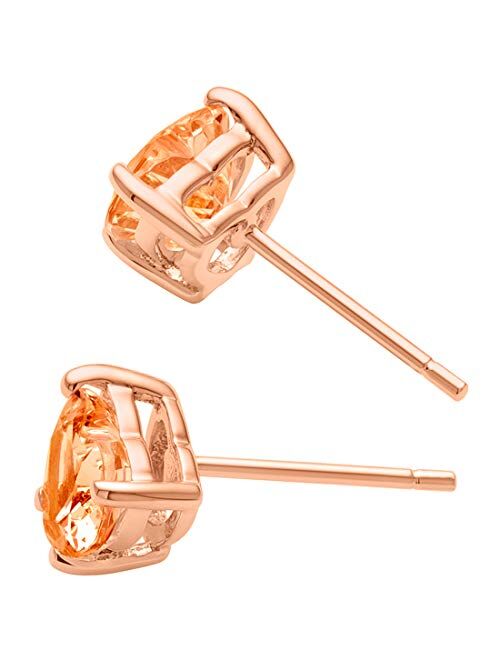 Peora Morganite Heart Stud Earrings for Women in 14 Karat Rose Gold, Classic Solitaire Studs, 6mm, 1.50 Carats total, Friction Back